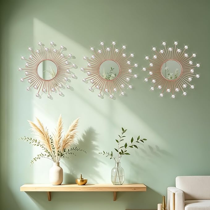 3 Pack Metal Mirrors for Wall Sunburst Wall Mirrors Home Décor Decorative Hanging Wall Art for Living Room Bedroom Entryway (Rose Gold2 Crystal, Sunburst) - Image 6