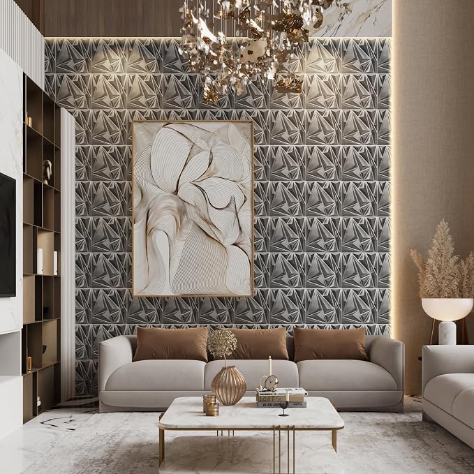 STICKGOO 3D Wall Panels Lightning Diamond Pattern, 12''x12'', PVC, 33 Pack | Brushed Silver Waterproof Accent Wall Paneling for Bedroom, Gaming, Living Room, Office, TV Background Decor, Cover 32.Sq.Ft - Image 2
