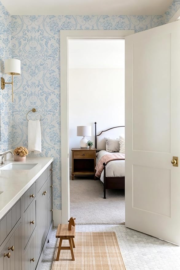 Ismoon Blue and White Wallpaper Floral Peel and Stick Wallpaper 17.3in x 6.56ft Vintage Damask Blue Contact Paper Boho Removable Watercolor Wall Paper for Bedroom Bthroom Kitchen Décor Vinyl - Image 6