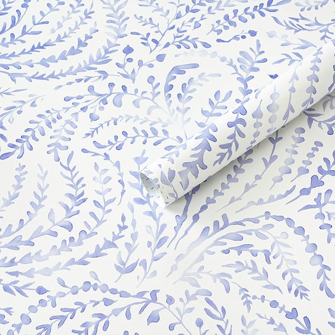Ismoon Boho Peel and Stick Wallpaper Blue and White Farmhouse Contact Paper | 17.3x393in Leaf Botanical Stick on Wall Paper Removable Self Adhesive Vinyl Wallpaper for Bedroom Accent Wall Decor Hallway by Ismoon