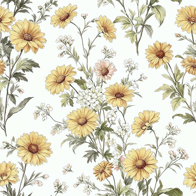 Livebor Daisy Floral Peel and Stick Wallpaper for Bathroom 16.9in x196.8in | Floral Contact Paper Yellow Daisy Flower Wallpaper Waterproof Flower Boho Self Adhesive Removable Wall Paper Decor Vinyl by LiveborDirectWallpaper