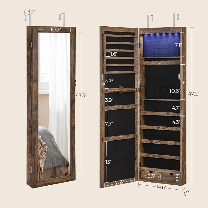 SONGMICS 6 LEDs Mirror Jewelry Cabinet, 47.2-Inch Tall, Lockable - Image 6