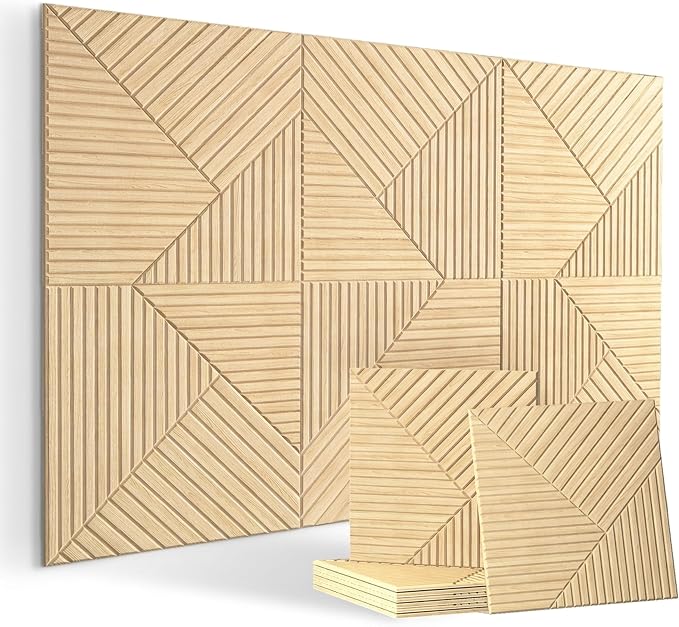 6 Pack UV Wood Texture Grooved Acoustic Wall Panels | 23.6×23.6 Inch Self-Adhesive Decor Wall Art, Total Size 70.8×47.2 Inches for Theater Living Room Office by 100PolyesterAcousticPanel