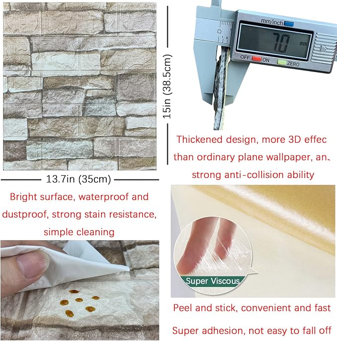 10PCS 3D Wall Panels Peel and Stick Foam 3D Brick Wallpaper Peel and Stick Faux Stone Wall Panel Self-Adhesive Wallpaper (10PCS, Rock Color) - Image 5