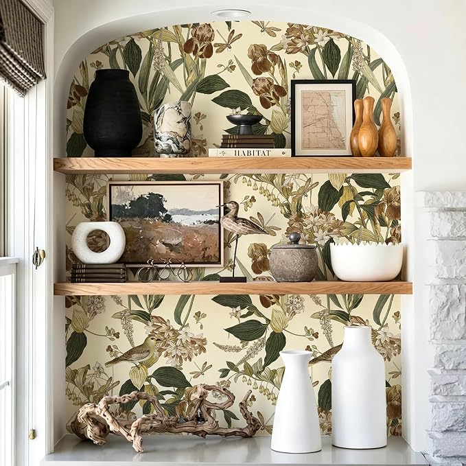 Beige Floral Bird Peel and Stick Wallpaper for Cabinet 17in x 118in | Flower Contact Paper Vintage Floral Wallpaper Boho Self Adhesive Waterproof Wall Paper Botanical Removable Decorative Vinyl - Image 4