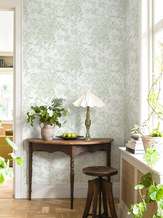 Heroad Green Floral Wallpaper Peel and Stick Wallpaper Flower Contact Paper Removable Self-Adhesive Wall Paper for Cabinets Bedroom Bathroom Stick on Walls Papel Tapiz para Pared 17.3''x393'' - Image 9