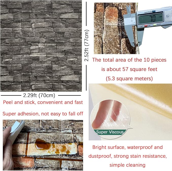 Yutianli 7mm Thick Anti-Collision Wall Panels, 10-Pack 57 Sq.Ft, Black, 3D Peel and Stick, Waterproof, Faux Brick, Self-Adhesive Decal for Bedroom, Living Room, Wall - Image 5