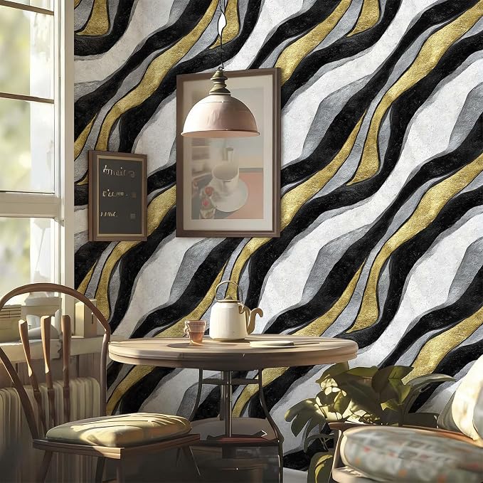 Luxury Black White Gold Fluid Modern Marble Peel and Stick Wallpaper Self Adhesive 17.72" x 236.21'' Textured Wavy Agate Wall Paper Renter Friendly Removable Waterproof for Living Room Bedroom - Image 2