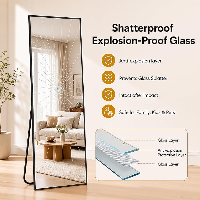 Antok Full Length Mirror, 76"x34" Floor Mirror with Stand, Black, Rect - Image 5