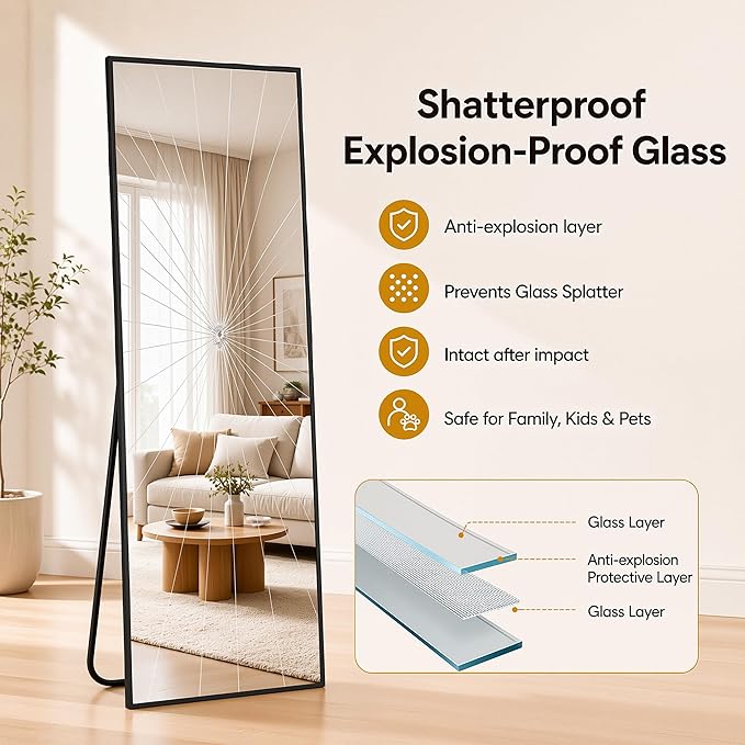Antok Full Length Mirror, 56"x14" Floor Mirror with Stand, Black, Rect - Image 4
