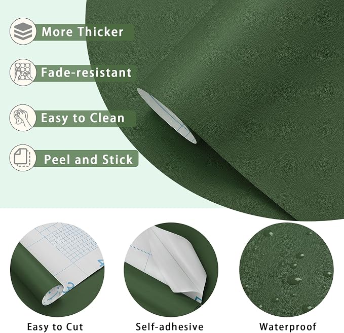 17.7" x118" Dark Green Peel and Stick Wallpaper Green Contact Paper Waterproof Self Adhesive Removable Wall Paper Textured Wallpaper Decorative for Wall Covering Countertop Table Vinyl Film - Image 2