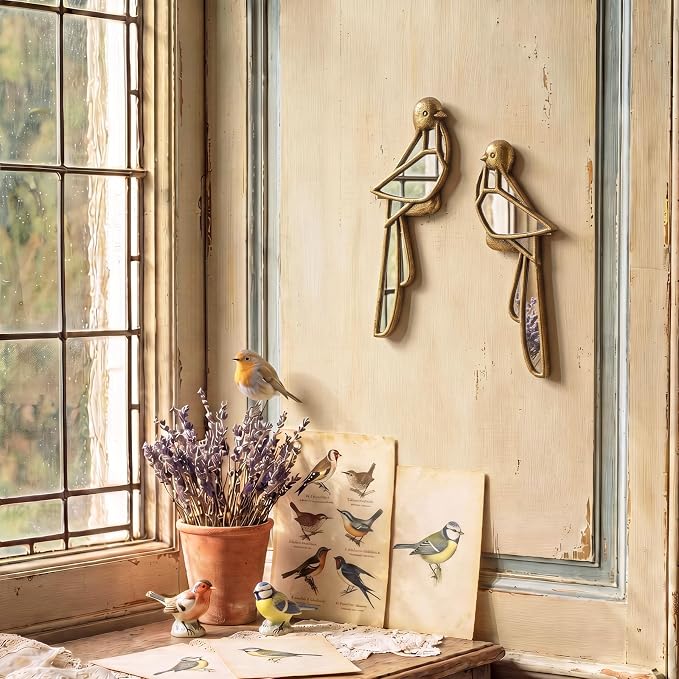 Fumete 2 Pcs Tropical Bird Mirror Wall Decor Vintage Gold Resin Insect Art Decorative Wall Mirror Retro Hanging Bug Animal Glass Mirrors Garden Nature for Summer Wedding Home Accent Housewarming - Image 3