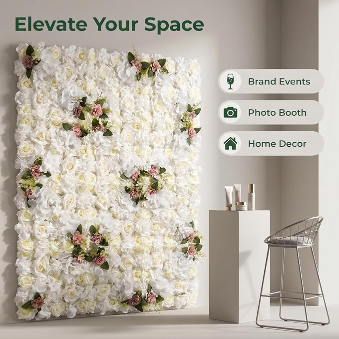 Flower Wall Backdrop, 12 Panels, 16.5x16.5 Inch, Ivory White | 3D design, realistic look, Seamless Design,eco-friendly,easy to assemble,reusable,.Suitable for weddings,Party,home décor - Image 6