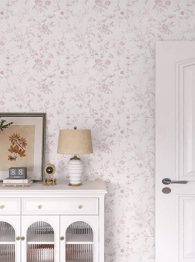 Ismoon Floral Wallpaper Peel and Stick Pink Stick on Wall Paper Vintage French Contact Paper for Cabinet Textured Removable Self Adhesive Wallpaper Vinyl Roll Shelf Deco, 17.3x787in - Image 9