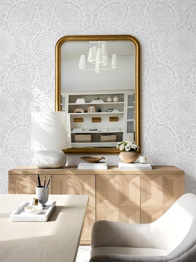 Ismoon Floral Peel and Stick Wallpaper Boho Grey and White Contact Paper | 17.3x393in Light Gray Wall Paper Textured Self Adhesive Removable Wallpaper for Bedroom Kitchen Renter Friendly Vinyl - Image 6