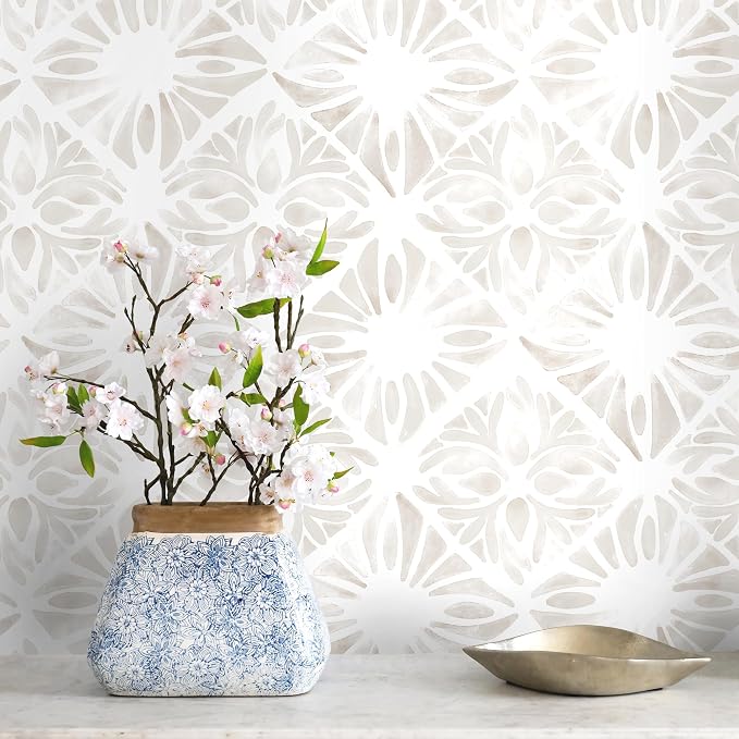 Geometric Peel and Stick Wallpaper Boho 197 "x16.1 White and Gray Wallpaper White Contact Paper Removable for Bedroom Waterproof Removable Shelf Liner Decal Vinyl Roll by Fiula