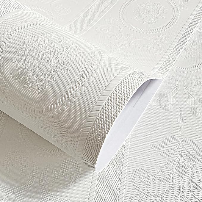 JiffDiff White 3D Embossed Textured Peel Stick Wallpaper 17.3"x1200" | Removable Renter Friendly Contact Paper, Waterproof Self Adhesive Wallpaper for Bedroom, Bathroom, Decor,144 sq. by wallpaper