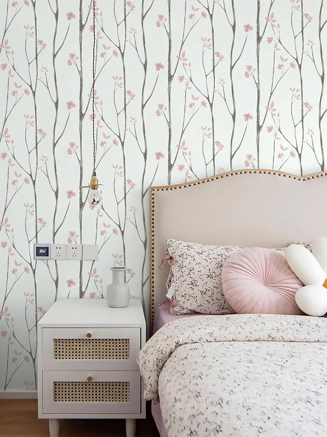 Timeet Floral Wallpaper White and Pink Wall Paper Peel and Stick Modern Contact Paper Removable Self-Adhesive Bedroom Bathroom 16" x 78.7" - Image 9