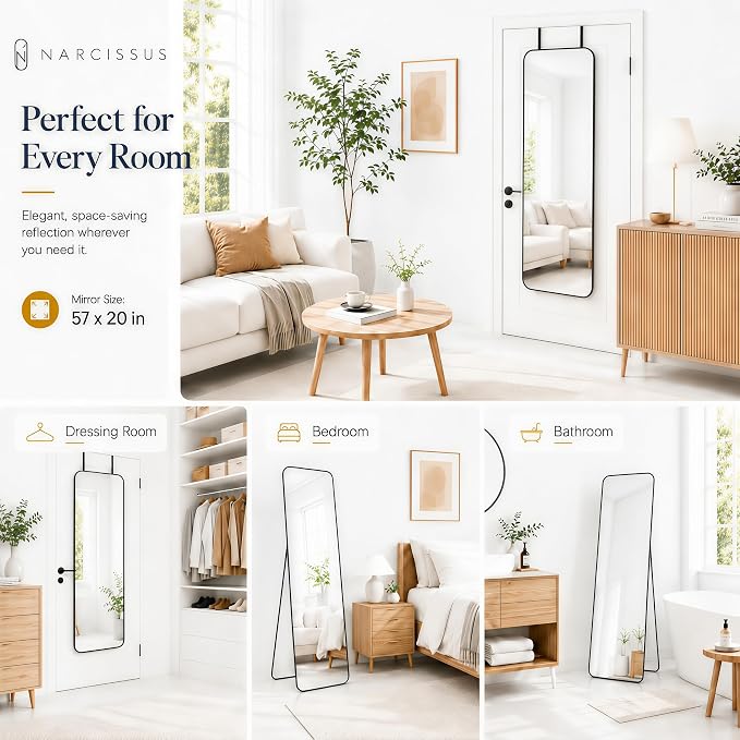 NARCISSUS Full Length Mirror 57x20 Inch, Over The Door Mirror with Stand, Wall Mounted or Freestanding/Door Hanging Full Body, Aluminum Alloy Frame, Black - Image 4