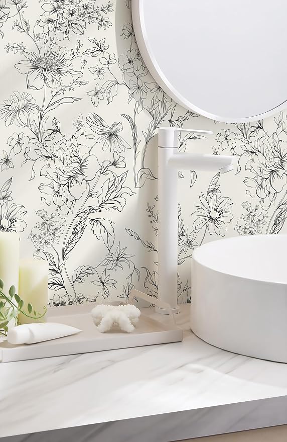 Hopepak 17.3''x394'' Black and Cream White Floral Wallpaper Peel and Stick Wall Paper for Bedroom Self Adhesive Removable Contact Paper Waterproof for Bathroom - Image 4