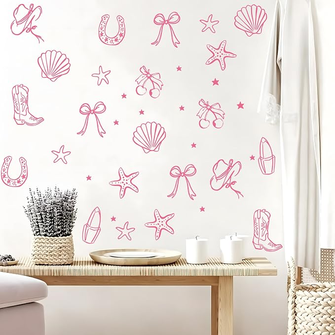 Seaside Cowgirl Wall Decals, Peel and Stick Under the Sea Coastal Cowgirl Mural, Western Beach Wall Stickers for Kids, Boys and Girls Room & Nursery Decor ((Pink Cowgirl Bow Wall Decals) - Image 5