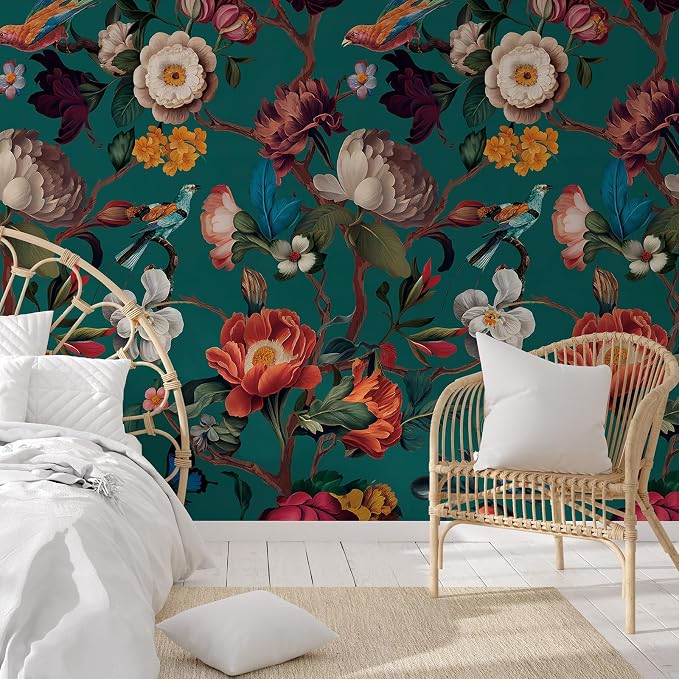 Zeeko Vintage Blue Floral Peel and Stick Wallpaper Mural, 148" x 98" | Large Flower Art Deco Wall Murals, Ideal for Bedroom TV Background Wall Paintings, Home Decor - Image 3
