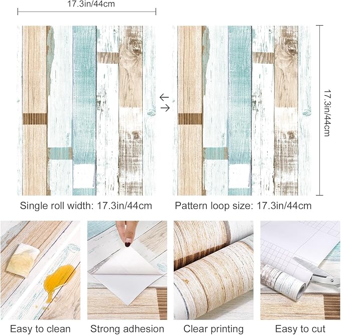 Yun-aeon Natural Wood-Light Blue Contact Paper Peel and Stick Wallpaper | 17.3"x 1200"Self Adhesive Removable Vintage Faux Wood Wall Paper Plank Shelf Home Decoration Kitchen Counter Cover - Image 2