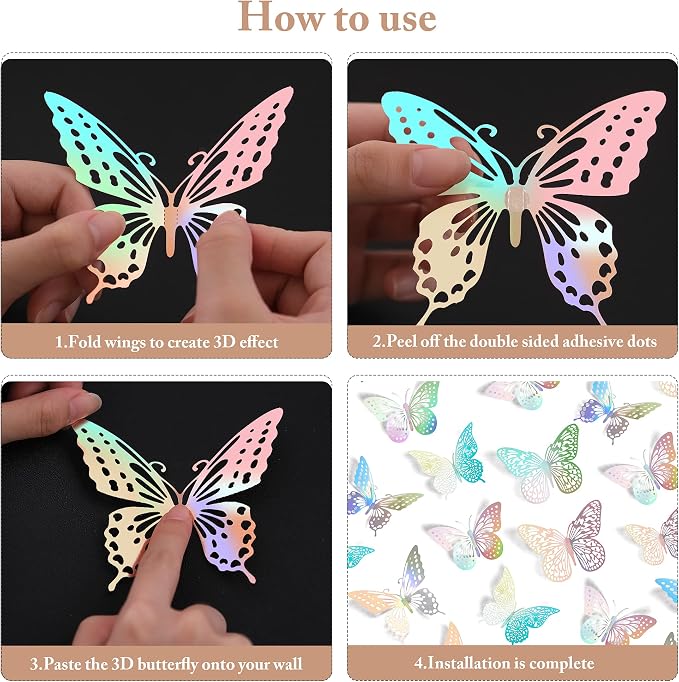 SAOROPEB 3D Butterfly Wall Decor 48 Pcs Laser Butterfly Birthday Decoration | 4 Styles 3 Sizes, Butterfly Party Decorations Cake Decorations, Removable Stickers - Image 7