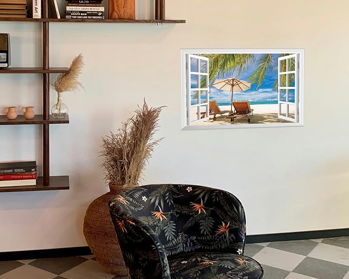 FLFK Fake Window Wall Decal - Ocean Beach Faux Window Wall Mural for Wall Decor, Peel and Stick Wall Sticker,24"x16" - Image 5