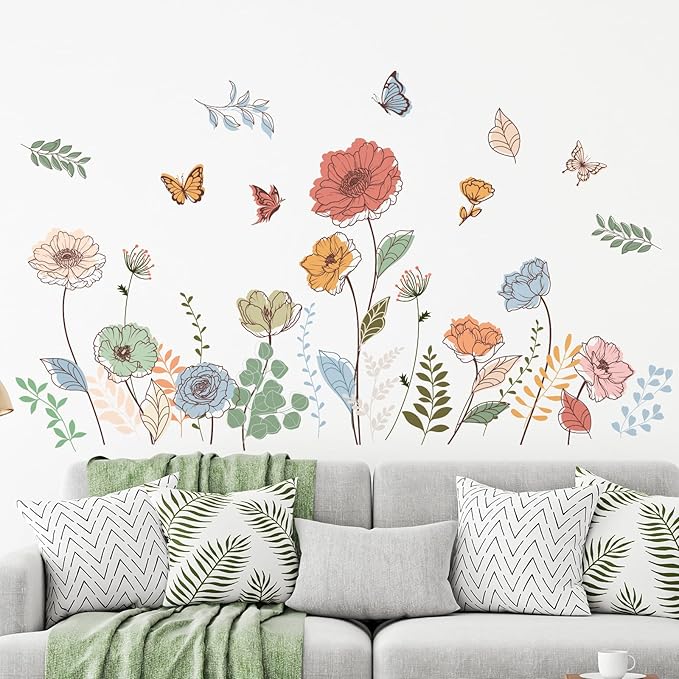 Zonon 6 Pcs Flower Wall Decals Peel and Stick Sticker, Bohemian | Vinyl Removable Wall Stickers & Murals, Bohemian Flower Wall Decals, Boho Wildflower Decor for Bedroom, Living Room by Zonon