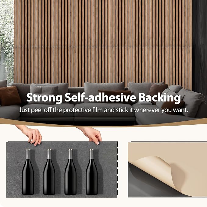 INMOZATA 8 Pack Peel and Stick Acoustic Wood Slat Wall Panels Walnut | 3D Fluted Textured, Soundproof Accent Wall Paneling for Interior Wall Decor Fireplace Living Room Bedroom Office, 11.8"x23.6" - Image 5
