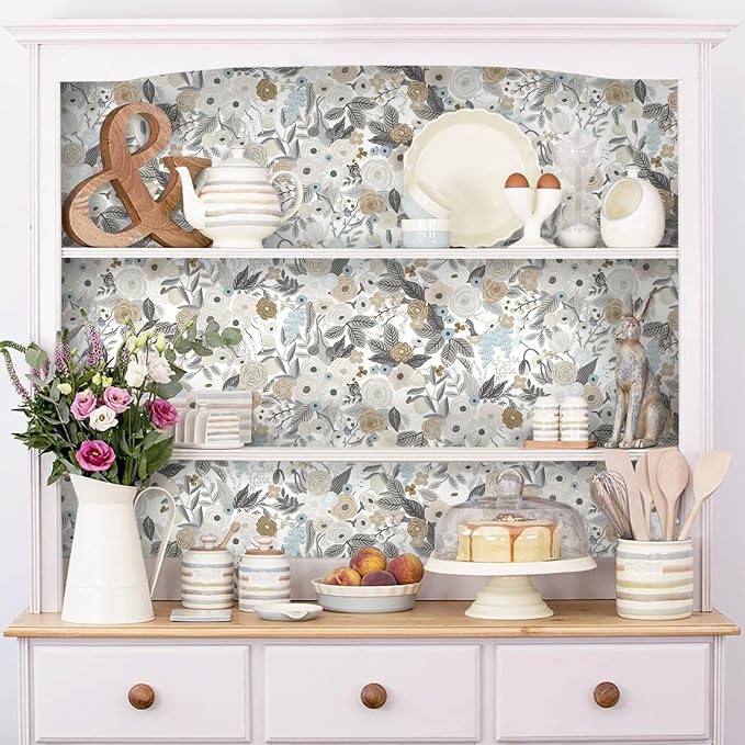 Ismoon Floral Peel and Stick Wallpaper Gray Contact Paper Vintage Removable Self-Adhesive Wallpaper Boho Watercolor Renovated Furniture for Cabinets Shelves Counter Tops Wall Decor Roll 17.3in x393in - Image 3