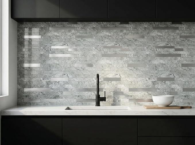 Yipscazo 5 Sheets Peel and Stick Stone Metal Tile Backsplash, Stick on Tiles for Backsplash Kitchen, Bathroom, Laundry Room, Camper, Fireplace (12'' X 12'', Polished Gray) - Image 2