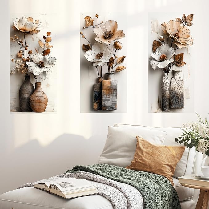 3D Plants Wall Stickers,3 PcsFloral Wall Decals with Embossed Lotus Petals and Ceramic Vase Elements, Peel and Stick Wall Murals Decor for Living Room Bedroom Dining Room by TuitagerL