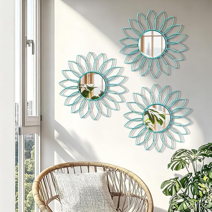 3 Pack Metal Mirrors for Wall Sunburst Wall Mirrors Home Décor Decorative Hanging Wall Art for Living Room Bedroom Entryway (Greenish Blue, Flowers) - Image 2