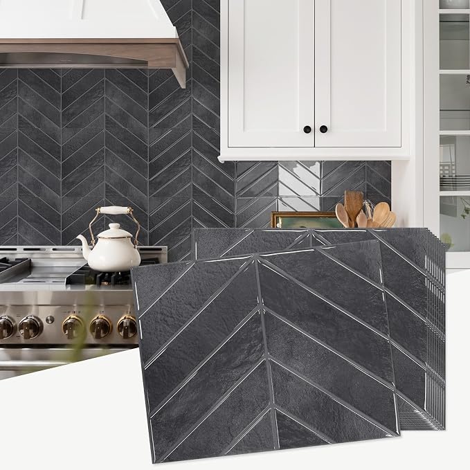 STICKGOO Herringbone Peel and Stick Backsplash, Shiny Black, 10 Sheets | 12.6 x 9.7 in, Thicker Rectangular Vinyl Stick-On Wall Tiles, Easy Alignment, Waterproof, Easy to Clean, Kitchen/Bathroom by STICKGOO