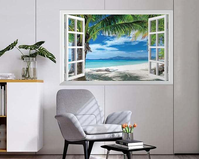 FLFK Fake Window Wall Mural - Beach Palm Trees Faux Window Wall Sticker for Wall Decor, Stick and Peel Wall Decals,48"x32",Set of 2 Sheets - Image 3