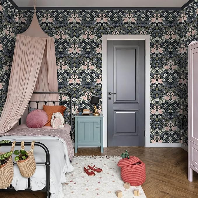 Heroad Vintage Peel and Stick Wallpaper Boho Floral Flamingo Contact Paper Dark William Morris Wall Paper Removable Renter Friendly Wallpaper for Bedroom Nursery Farmhouse Vinyl Rolls 17.3''X 78.7'' - Image 9