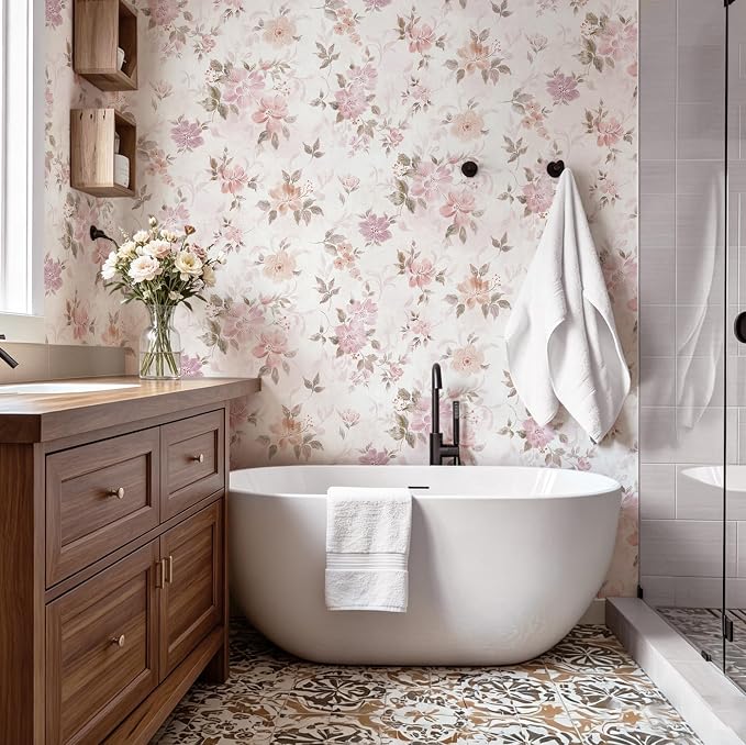 Floral Peel and Stick Wallpaper Pink Wall Paper Vintage Farmhouse Contact Paper Slef Adhesive Removable Wallpaper Watercolor Vinyl Waterproof for Living Room Bedroom Kitchen Bathroom 17.3"×197" - Image 8