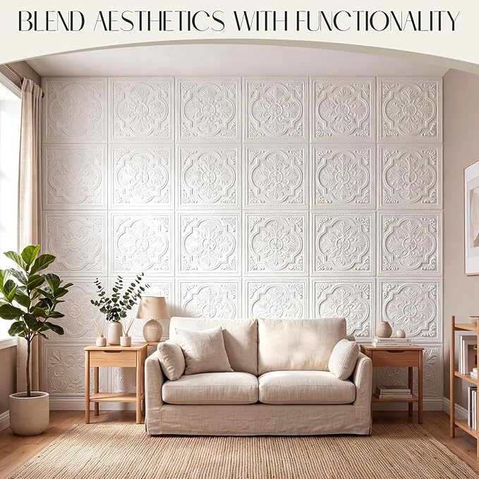 Nuanchu 80 Pcs 13.8 x 13.8 Inch Ceiling Tiles Peel and Stick, Exquisite | Foam White 3D Wall Panels 26-105.5 Sq. ft Adhesive Glue up Waterproof Wallpaper for DIY Office Home - Image 8