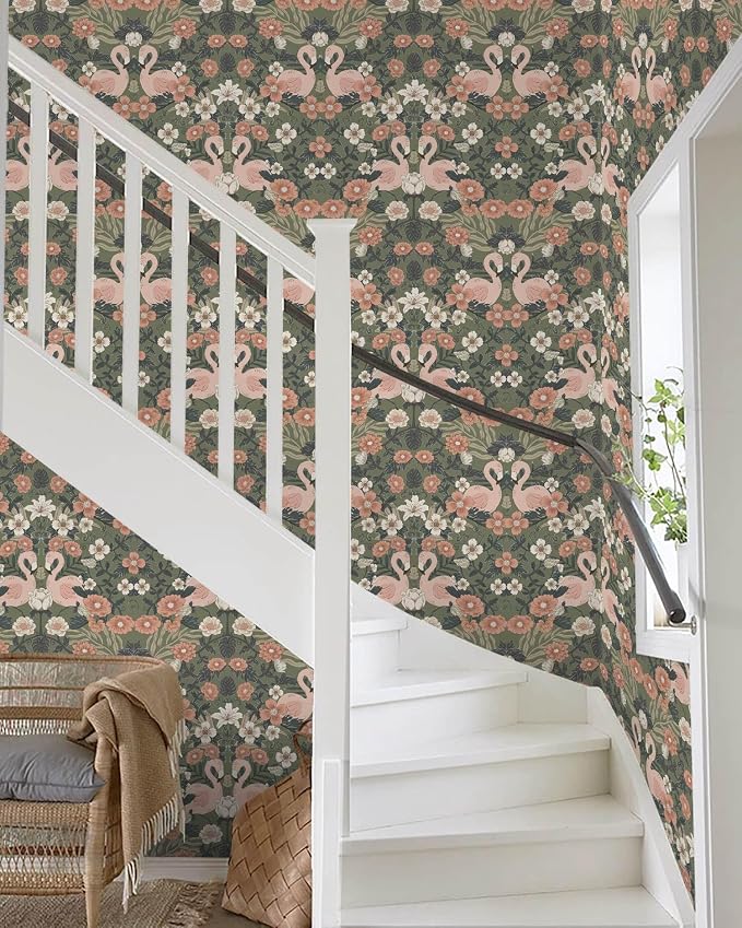 Heroad Vintage Peel and Stick Wallpaper Floral Flamingo Contact Paper Sage Green William Morris Wall Paper Removable Renter Friendly Wallpaper for Bedroom Nursery Farmhouse Vinyl Rolls 17.3''X 196'' - Image 5