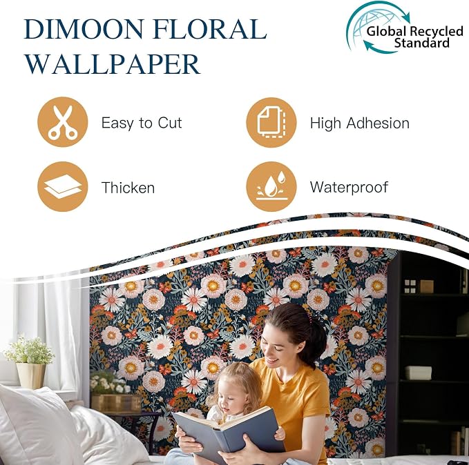 Dimoon Boho Wallpaper Peel and Stick Wallpaper Floral Retro Contact Paper 17.3''x197'' Dark Blue Vintage Bohemian Removable Wall Paper Renter Friendly Waterproof Wall Mural for Bedroom Bathroom Vinyl - Image 3
