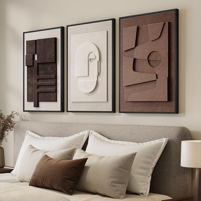 3D Textured Framed Brown and White Abstract Wall Art Set, 3 Piece 16x24 In | Solid wood frames, sculptural relief details, deep brown and ivory tones, ready to display in bedroom living room and dining by Cuspin