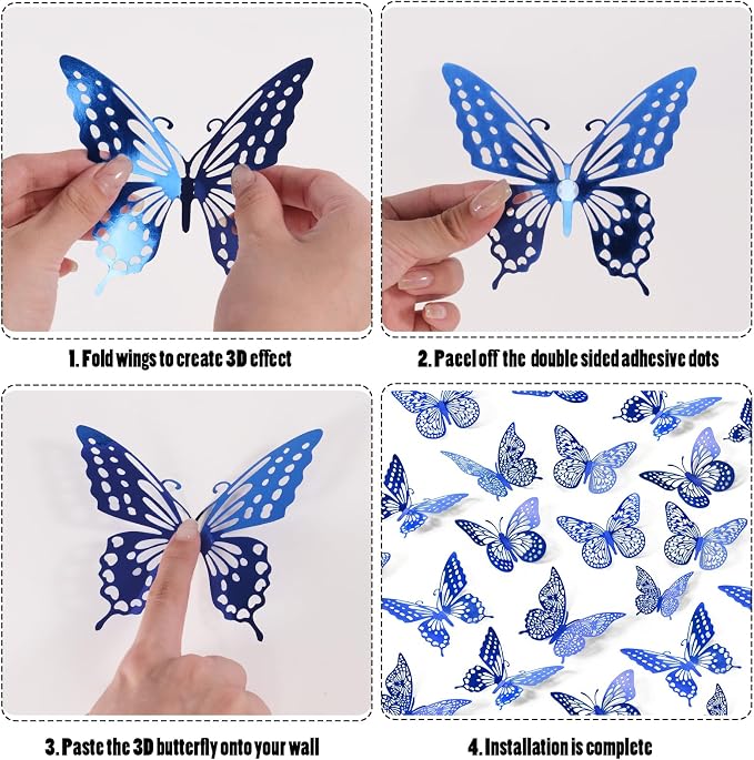SAOROPEB Butterfly Wall Stickers, 48 Pcs 4 Styles 3 Sizes, Metallic Paper, Removable, Navy Blue, Art Deco Decor for Wall | 4 Styles 3 Sizes, Butterfly Birthday Decorations Butterfly Party Decorations Cake Decorations, Removable Stickers - Image 6