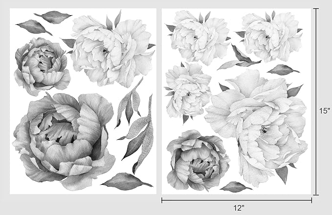 Peony Watercolor Wall Decals (Black and White Watercolor) - Flowers Decals for Wall - Botanical Bedroom Decor - Floral Peonies Grey Wall Stickers with Test Sample - Image 5