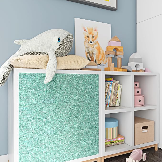 FunStick 3.9"x472" Light Teal Glitter Wallpaper Border Glitter Wallpaper Stick and Peel Waterproof Teal Contact Paper Peel and Stick Wall Paper Border Sticker for Bedroom Bathroom Walls Bulletin Board - Image 6