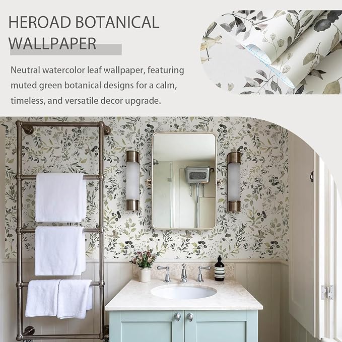 Heroad Green Leaf Wallpaper Peel and Stick Vintage Botanical Floral Contact Paper 17.3''x393'' Neutral Farmhouse Wall Paper Self Adhesive Removable Wallpaper for Bathroom Bedroom Watercolor Decor - Image 2