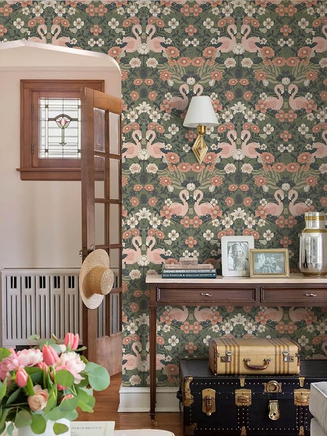 Heroad Green Peel and Stick Wallpaper Vintage Floral Flamingo Contact Paper William Morris Wall Paper Removable Renter Friendly Wallpaper for Bedroom Nursery Farmhouse Vinyl Rolls 17.3''X 78.7'' - Image 7