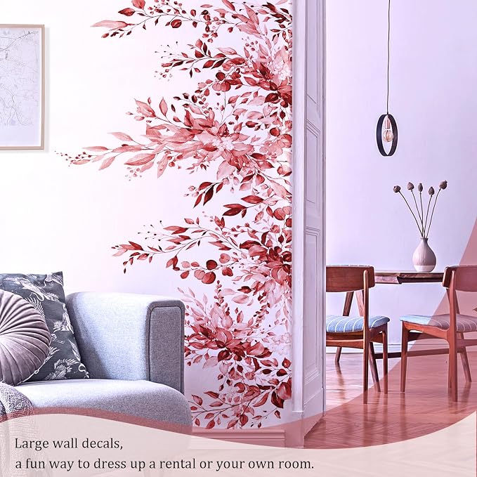 Burgundy Red Plants Leaves Wall Decals Peel and Stick, Large Floral Flowers Vinyl Wall Stickers, Removable Vine Home Decor Art for Bedroom Living Room Classroom Office - Image 7