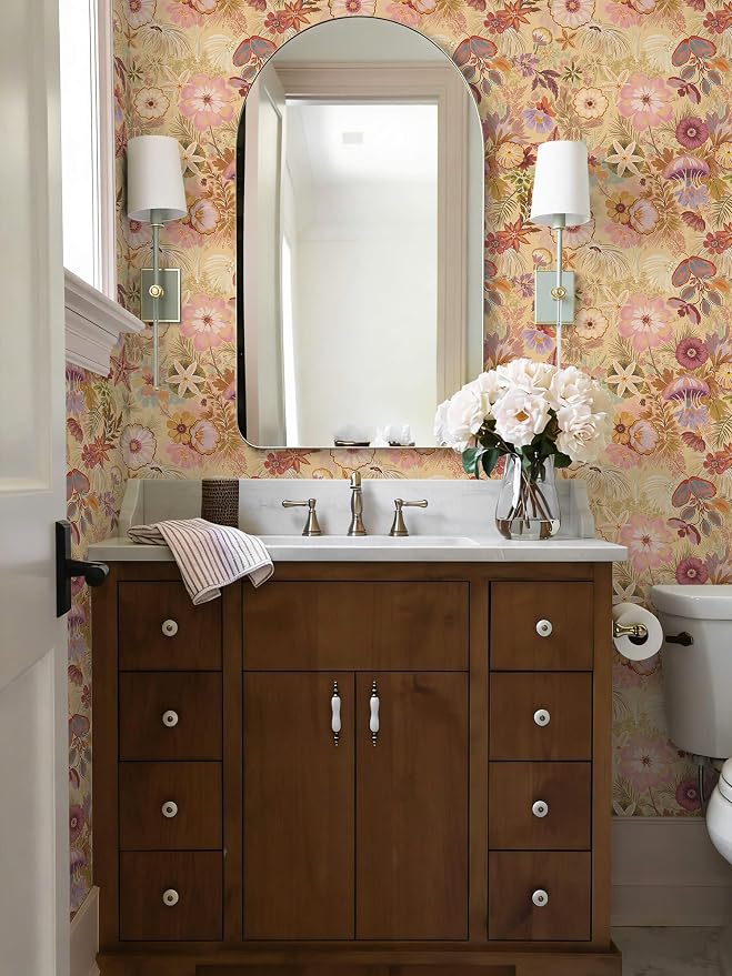 Ismoon Vintage Floral Peel and Stick Wallpaper Deep Beige Contact Paper Jellyfish Starfish Stick on Wall Paper Removable Self Adhesive Vinyl Wallpaper for Bedroom Wall Cabinet Decor 17.3x393in - Image 5
